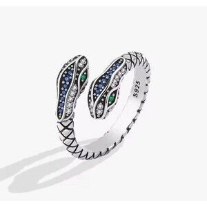 Snake Green Eye 925 Sterling Wraparound Open Ring Women Witchy Whimsygoth Sz 8